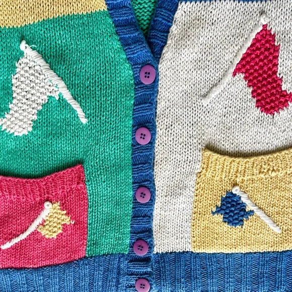 ROBERT SCOTT LTD Hand Knit Ramie Blend Colorblock V-Neck Tropical Golf Cardigan - Picture 6 of 14